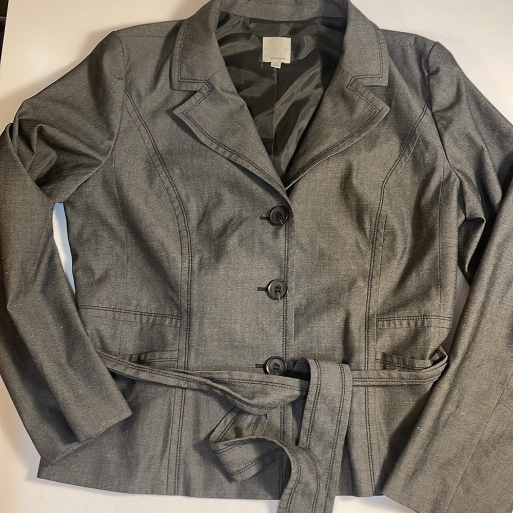 Halogen Women's Linen Blend Blazer Dark Gray Three Button Tie Belt Lined Size 16